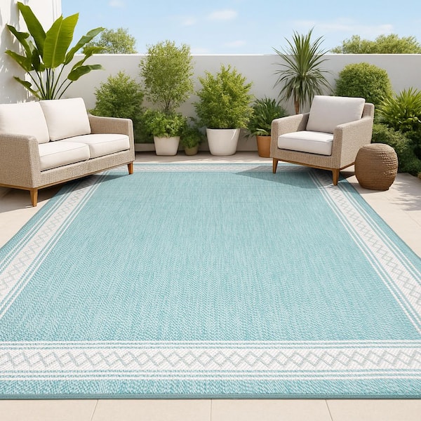 Lucia Classic Diamond Border Aqua/Light Gray 5 ft. x 8 ft. Indoor/Outdoor Area Rug