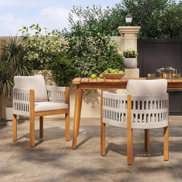 2-Pack Acacia Wood Outdoor Dining Chairs with Beige Cushions-White
