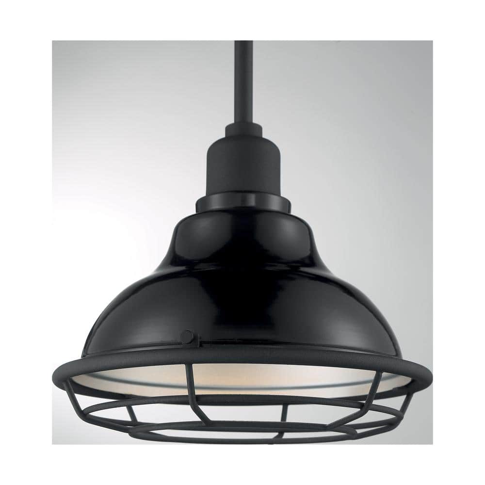 Gloss Black and Silver Industrial Pendant Light with Metal Cage