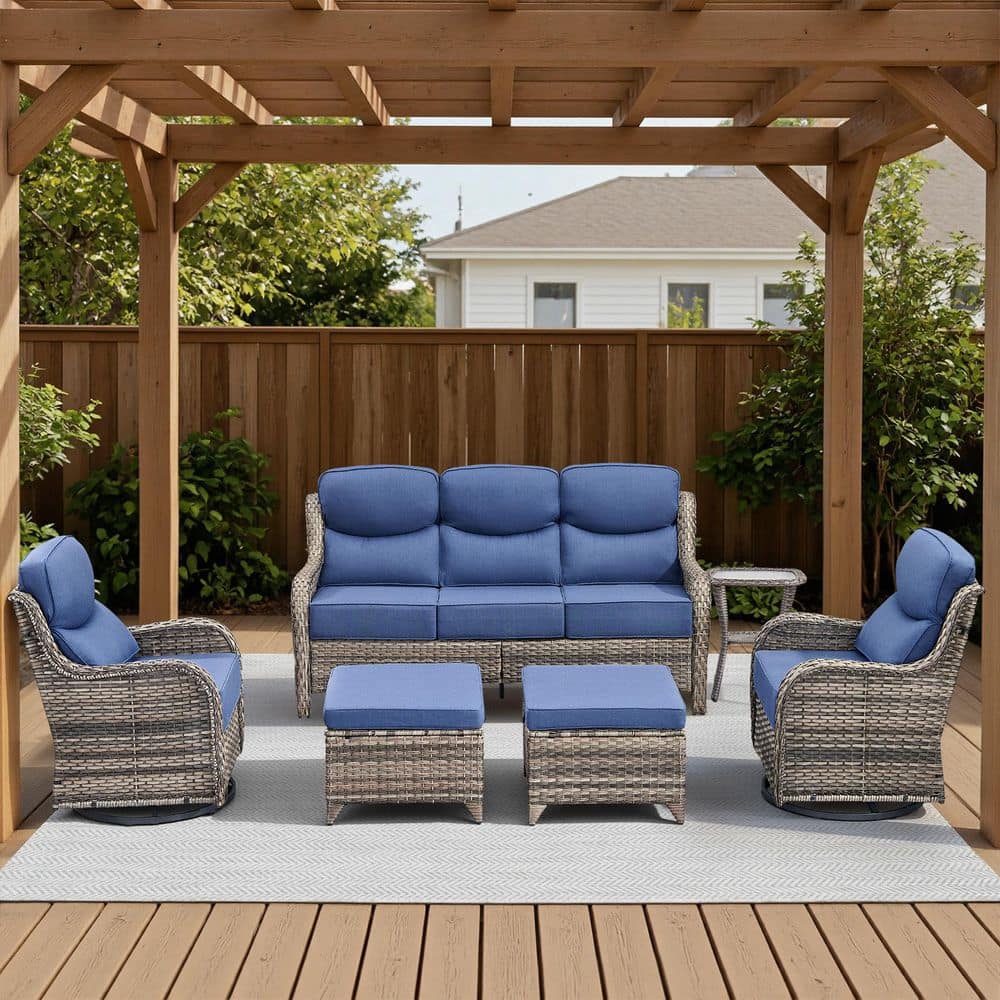 Arcadia Gray 6-Piece Wicker Patio Conversation Set with Coffee Table and 7 in. Thick Olefin Navy Blue Cushions price history on PriceWatchPro