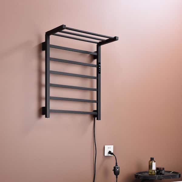 Timer 9 Towel Holders Wall Mounted Plug-In/Hardwired Towel Warmer Heated Towel Racks Stainless Steel in Matta Black