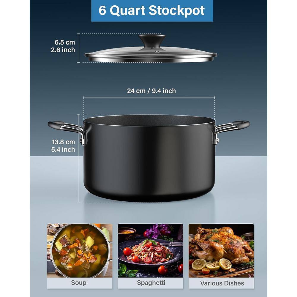 6-Quart Black Aluminum Nonstick Stockpot with Glass Lid