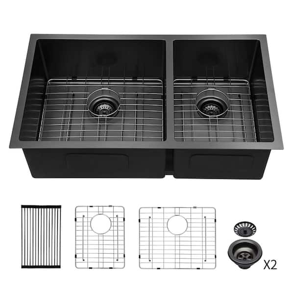 33 in. Undermount Double Bowl(60/40) 16 Gauge Gunmetal Black Stainless Steel Kitchen Sink with Bottom Grids