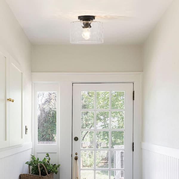 1-Light Painted Black Flush Mount Light with Clear Hammered Glass Shade