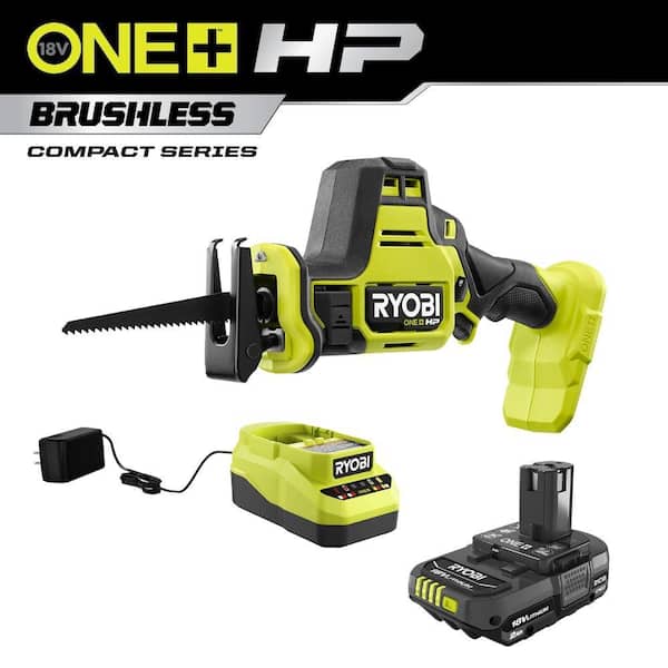 RYOBI ONE+ HP 18V Brushless Cordless Compact One-Handed Reciprocating Saw with 2.0 Ah Battery and Charger