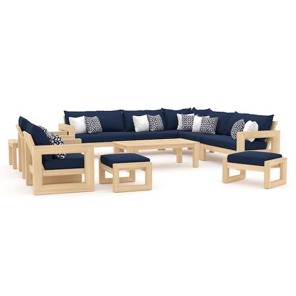 RST BRANDS Benson 11-Piece Wood Patio Conversation Set with Sunbrella Navy Blue Cushions