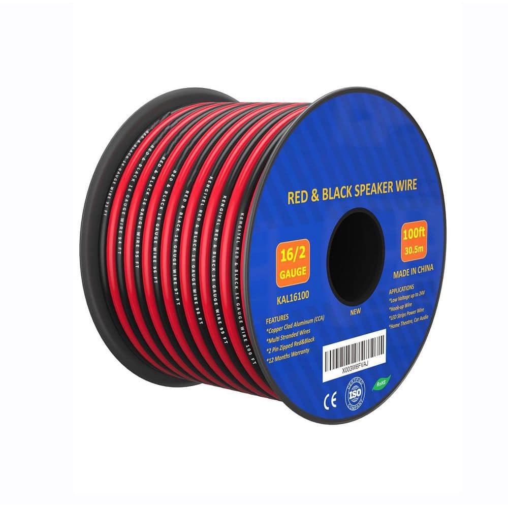 KENGIYEL Series 100 ft. 16 / 2 Gauge Red Black Stranded Copper Clad Aluminum In-Wall CL2 Rated Speaker Wire Cut by Foot price history on PriceWatchPro