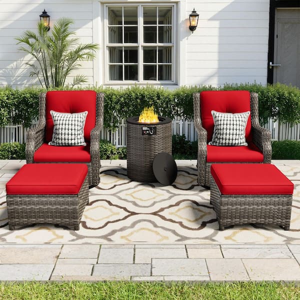 5-Piece Fire Pit Patio Set Wicker Outdoor Patio Conversation Set with Swivel Rocking Chairs, Ottomans and Red Cushions