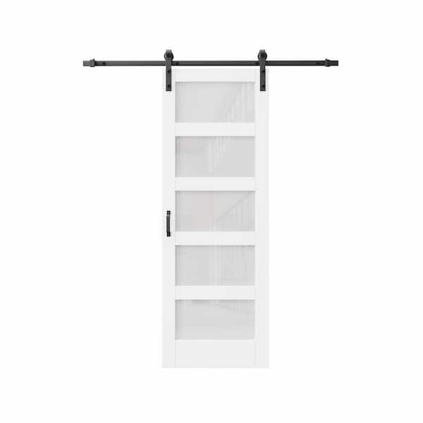 32 in. x 80 in. 5-Lite Frosted Glass White Primed MDF Sliding Barn Door with Hardware Kit and Soft Close for Bathroom
