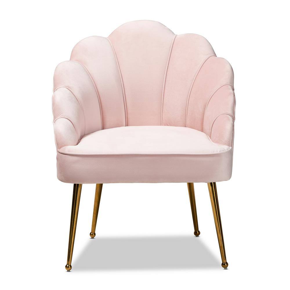 Luxurious Light Pink Velvet & Gold Seashell Accent Chair