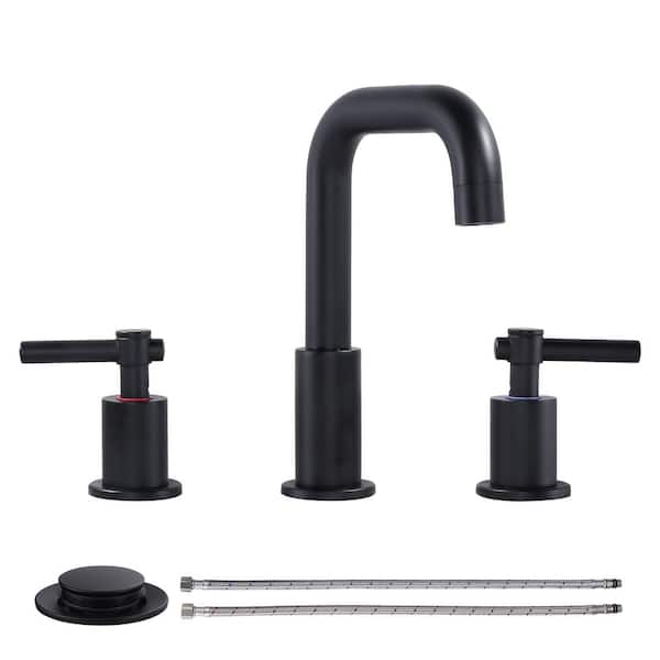 3 Hole 8 in. Widespread Double Handle High Arc Bathroom Faucet with Drain Kit Included and Supply Line in Matte Black