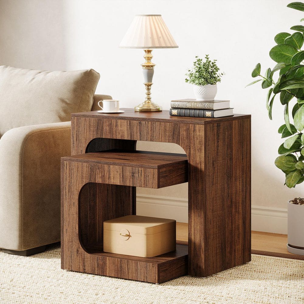 Andrea 27.6 in. Rustic Brown Rectangle Wood Nesting End Table, 2-Piece Side Table Small Coffee Table for Living Room