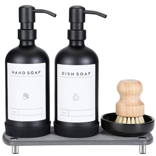 16 oz. Dish Soap Dispenser Set with Stainless Steel Pump, Dry Tray, Silicone Pad, Labels and Brush, Black Glass Bottle
