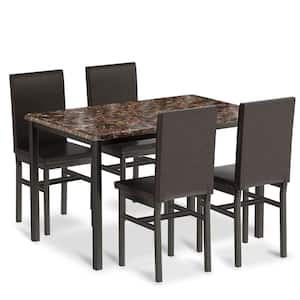 Modern Style 5-Piece Rectangle Faux Marble Top Brown Espresso Upholstered Dining Table Set with 4 Dining Chairs