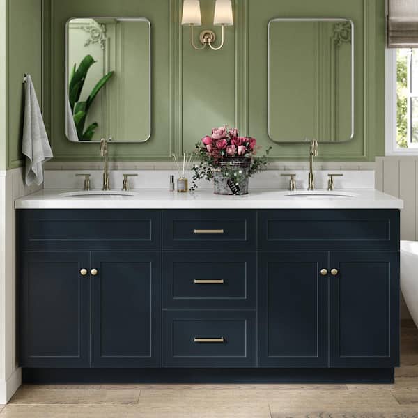 ARIEL Hamlet 73 in. W x 22 in. D x 36 in. H Double Freestanding Bath Vanity in Midnight Blue with Pure White Quartz Top