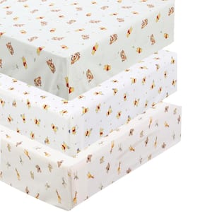 3-Piece Yellow Cotton Winnie Pooh Bear and Friends Honey Bees Paw Prints Crib/Toddler Fitted Sheets
