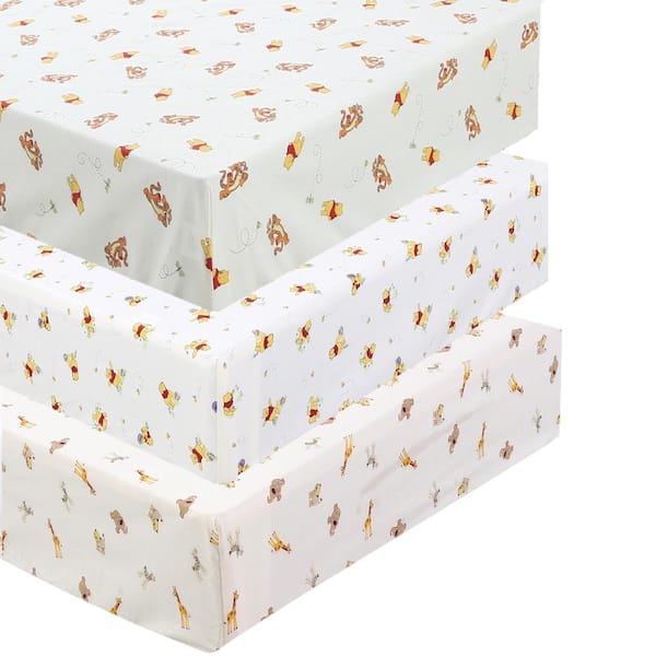 Cozy Line Home Fashions 3-Piece Yellow Cotton Winnie Pooh Bear and Friends Honey Bees Paw Prints Crib/Toddler Fitted Sheets
