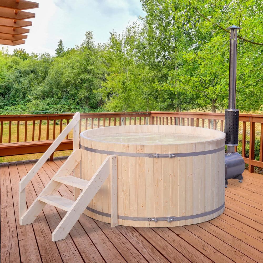 Round Pine Wood Fired Hot Tub and Ice Bath with Steps
