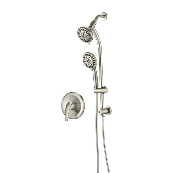 PROOX 7-Spray Patterns with 1.8 GPM 5 in. Wall Mount Dual Shower Heads with Drill Free Slide Bar and Valve in Brushed Nickel