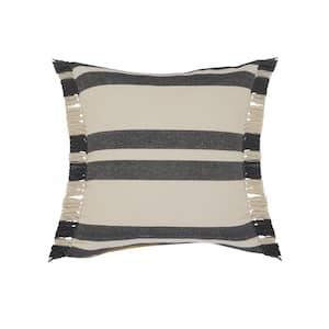 Double Gray / White Striped Fringed Poly- Fill 20 in. x 20 in. Indoor Throw Pillow