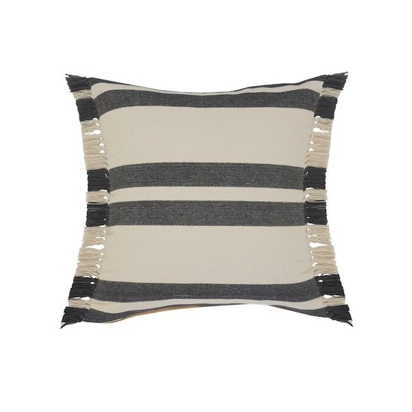 LR Home Double Gray / White Striped Fringed Poly- Fill 20 in. x 20 in. Throw Pillow