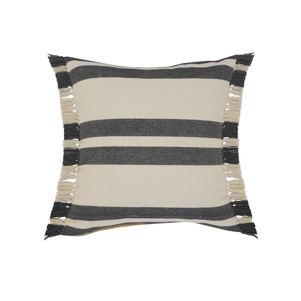 Unbranded Double Gray / White Striped Fringed Poly- Fill 20 in. x 20 in. Indoor Throw Pillow