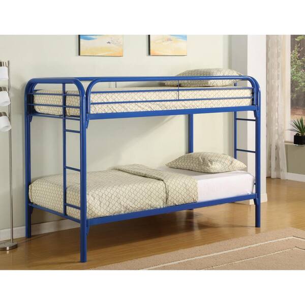 Benjara Simply Blue Twin Adjustable Bunk Bed with Built In Ladder