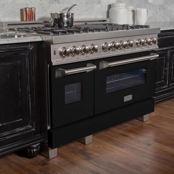 48 in. Legacy Dual Fuel Range with 7 Burners and 2 Electric Ovens in Satin Stainless Steel and Black Matte Doors