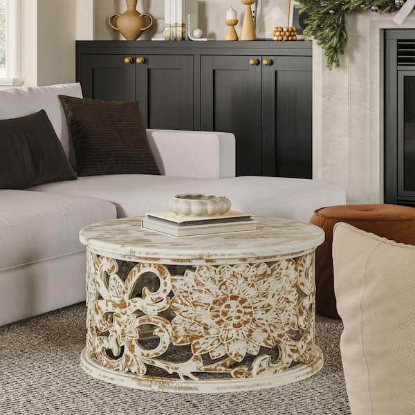 32.5 in. Distressed White Round Mango Wood Handcrafted Coffee Table with Floral Carved Cut Out Design