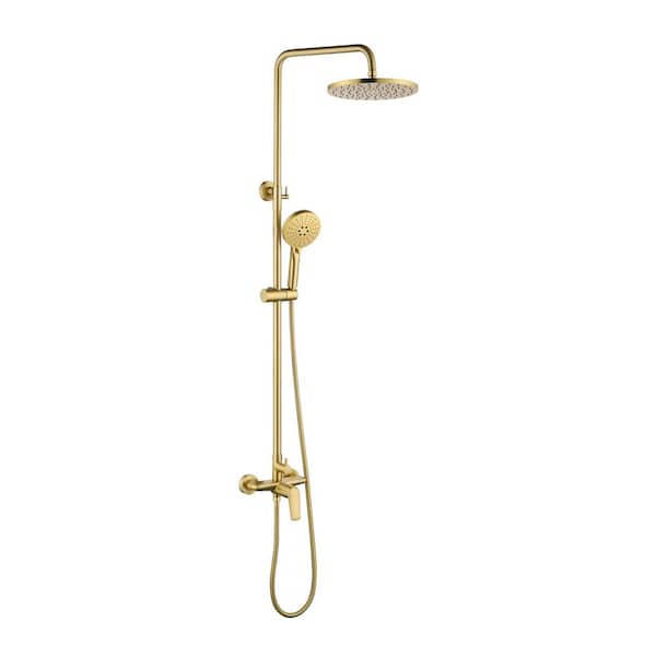 Single Handle 3-Spray Wall Mounted Shower Faucet 1.8 GPM with Ceramic Disc Valves 10 Inch Shower Kit in Brushed Gold
