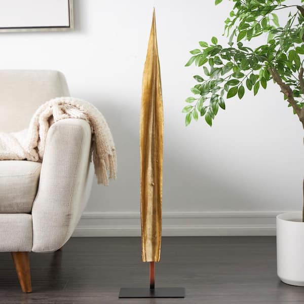 Litton Lane 39 in. Gold Polystone Slim Abstract Leaf Sculpture with Black Metal Stand