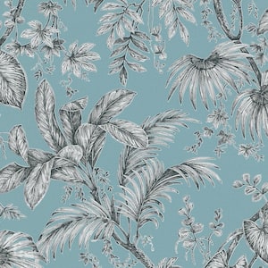 Large Palm Leaves And Stems Matte Soft Teal/Black Vinyl on Non-Woven Non-Pasted Wallpaper Roll