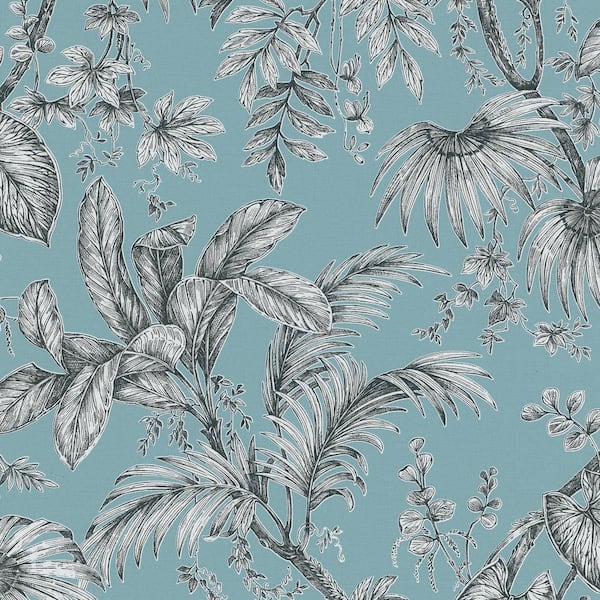 Unbranded Large Palm Leaves And Stems Matte Soft Teal/Black Vinyl on Non-Woven Non-Pasted Wallpaper Roll