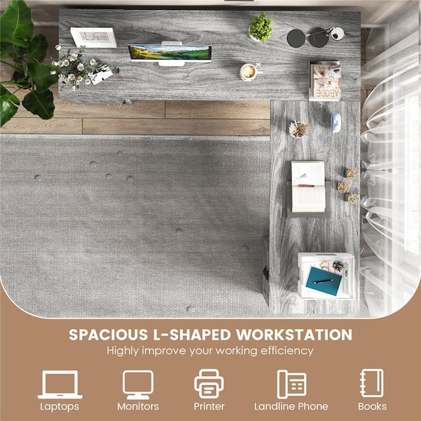 Costway Gray Wood L-Shaped 66 in. Corner Computer Desk Writing