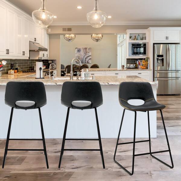 LUE BONA 24 in. Black Metal Frame Faux Leather Counter Bar Stools (Set of 3)