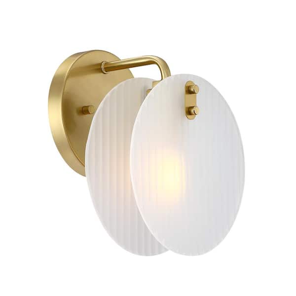 Designers Fountain Sky Fall 8 in. 1-Light Brushed Gold Contemporary Wall Sconce with Etched Fluted Glass Shade for Bathrooms