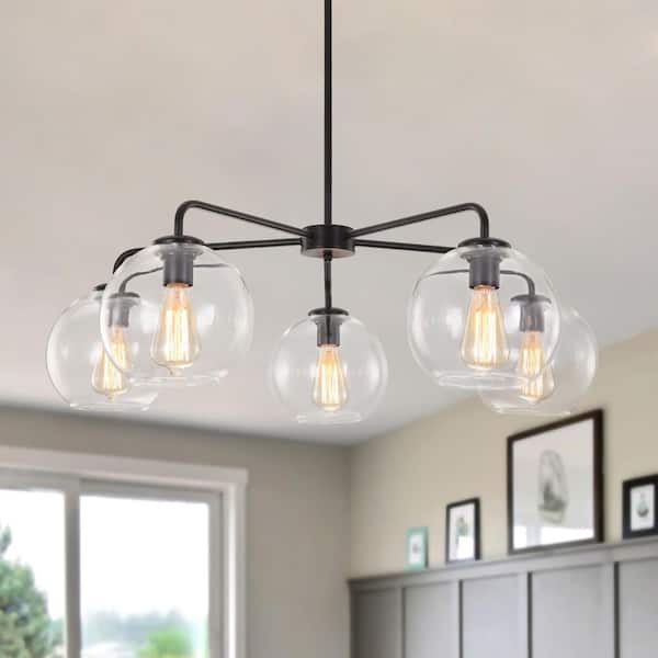 5-Light Black Unique Modern Glass Bubble Chandelier with Clear Glass Globe Shade (No Bulbs Included)