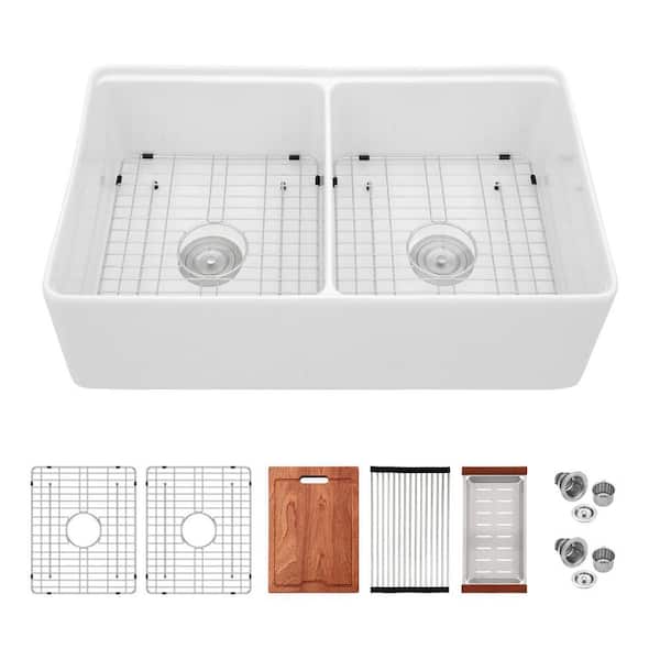 33 in. Farmhouse Apron Front Double Bowl Round Corner Workstation Kitchen Sink in White Ceramic with Bottom Grid