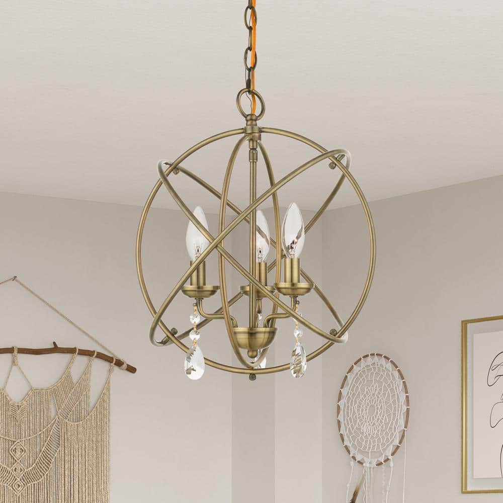 Antique Brass Mini 3-Light Chandelier with Teardrop Crystals