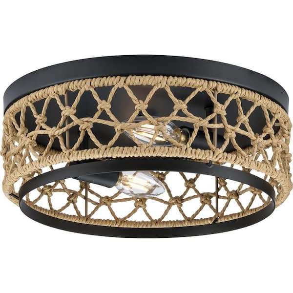 Progress Lighting Chandra Collection 12 in. 2-Light Matte Black Flush Mount with Woven Shade