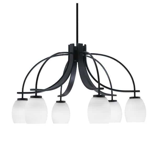 Olympia 16.5 in. 6-Light Matte Black Downlight Chandelier White Linen Glass Shade