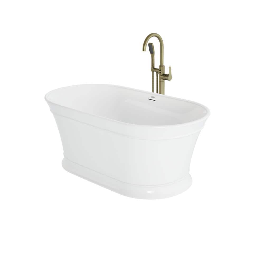 Lyndsay 59" White Acrylic Freestanding Soaking Bathtub with Brushed Bronze Faucet