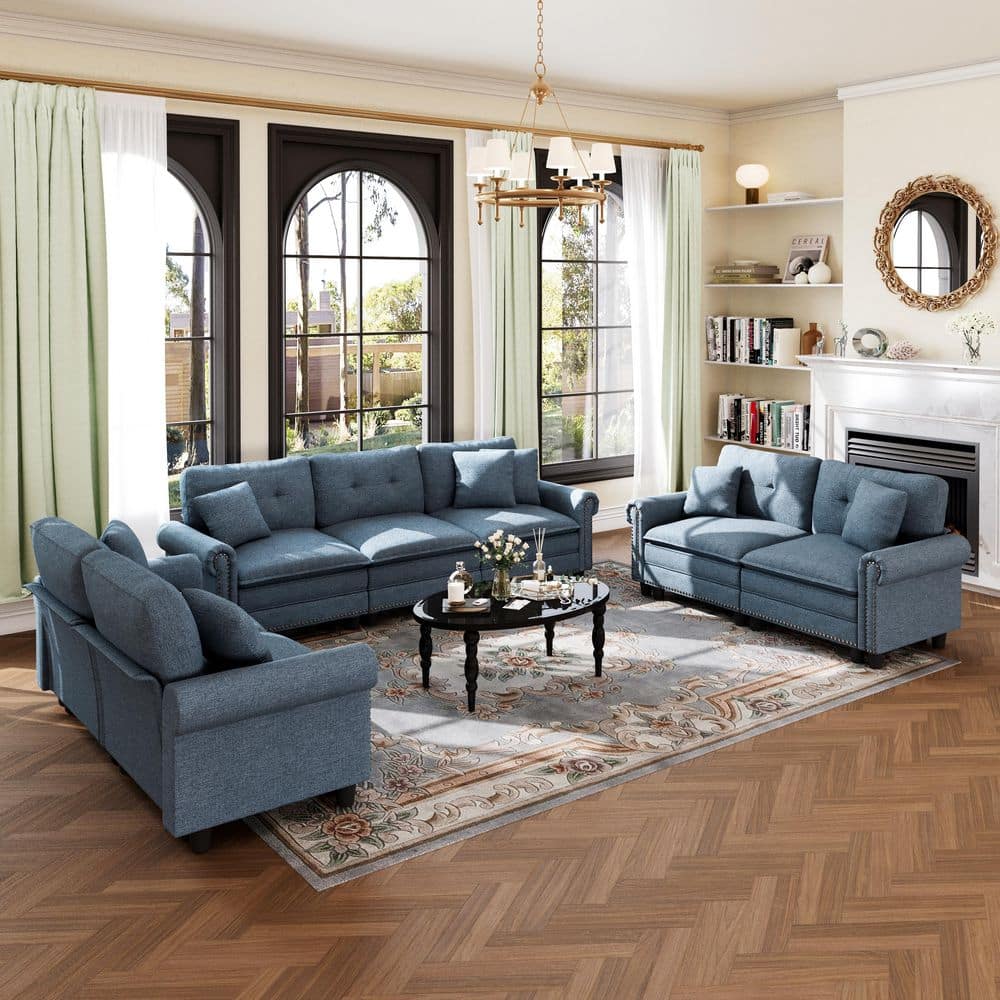 113.8 in. Roll Arm 7-Seat Linen-like Fabric Modular Sectional Sofa in Blue with Throw Pillows
