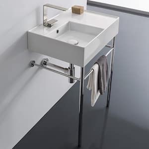 Teorema 2 Ceramic Console Bathroom Sink with Chrome Stand