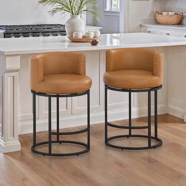 34.7 in. H Brown Faux Leather Upholstered Swivel Counter Height Bar Stool with Black Metal Frame (Set of 2)