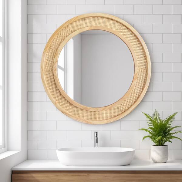 24 in. W x 24 in. H Round Framed Wall Bathroom Vanity Mirror in Natural