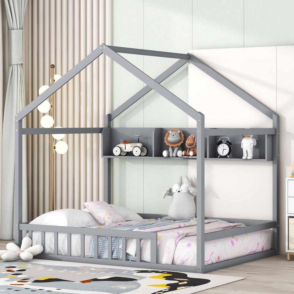 Harper & Bright Designs Gray Full Size Wood House Bed with Fence, Roof ...