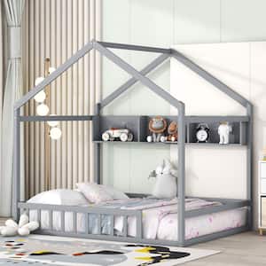 Gray Full Size Wood House Bed with Fence, Roof and Storage Shelf