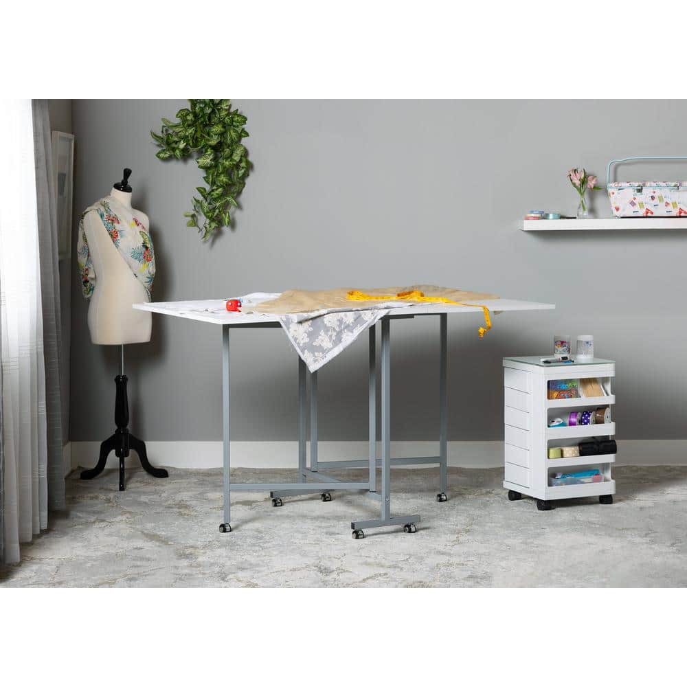 Sew Ready Silver White Folding Craft Table with Locking Wheels