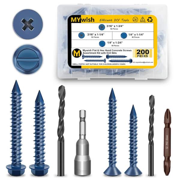 MYWISH Concrete Screws with Drill Bits, Concrete Anchors and Screws Kit (200-Pack), Flat Pillips and Hex Head Masonry Screws